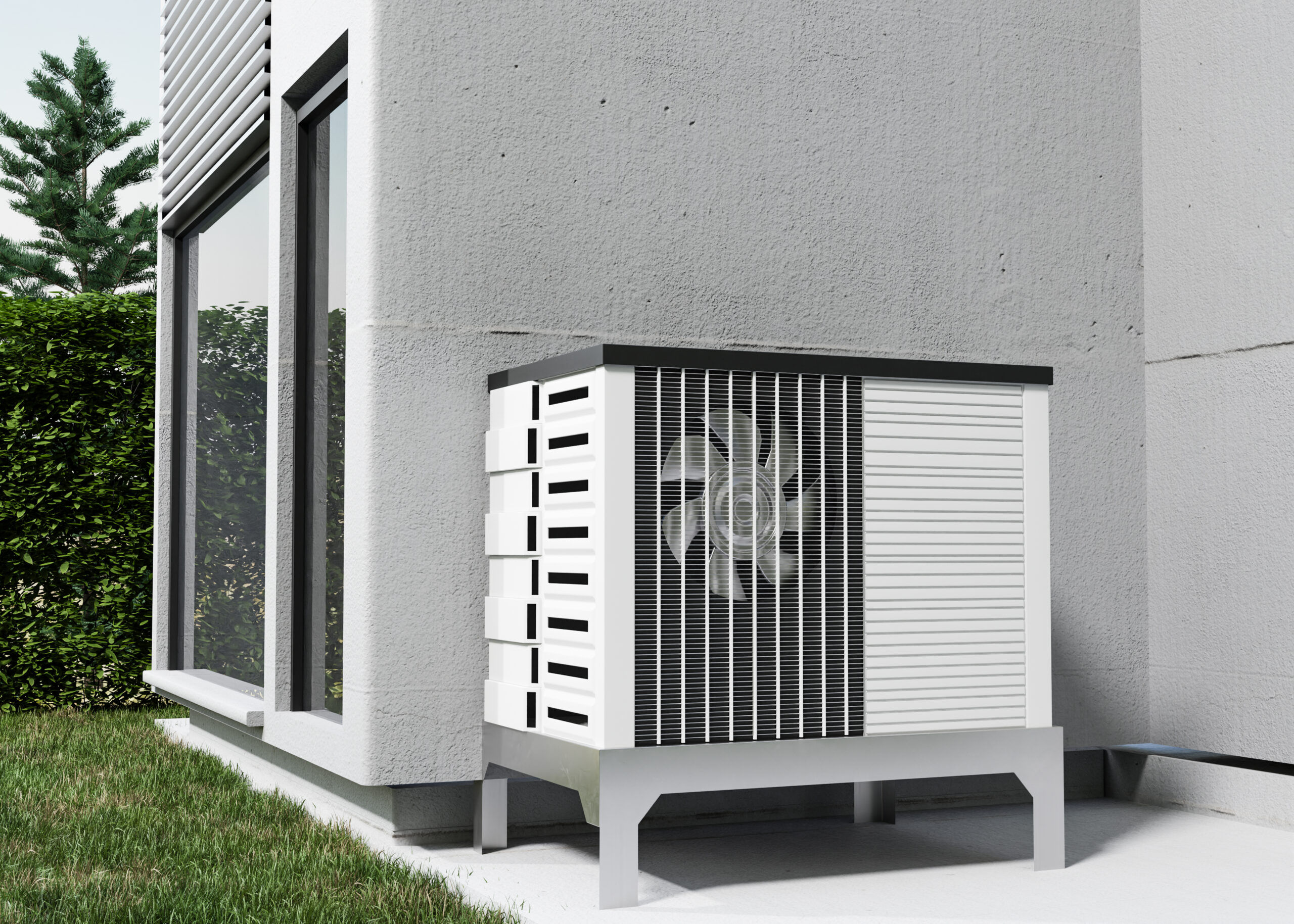 close up heat pump outside home